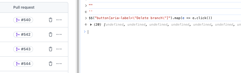 Clicking all trash buttons on a page of GitHub stale branches